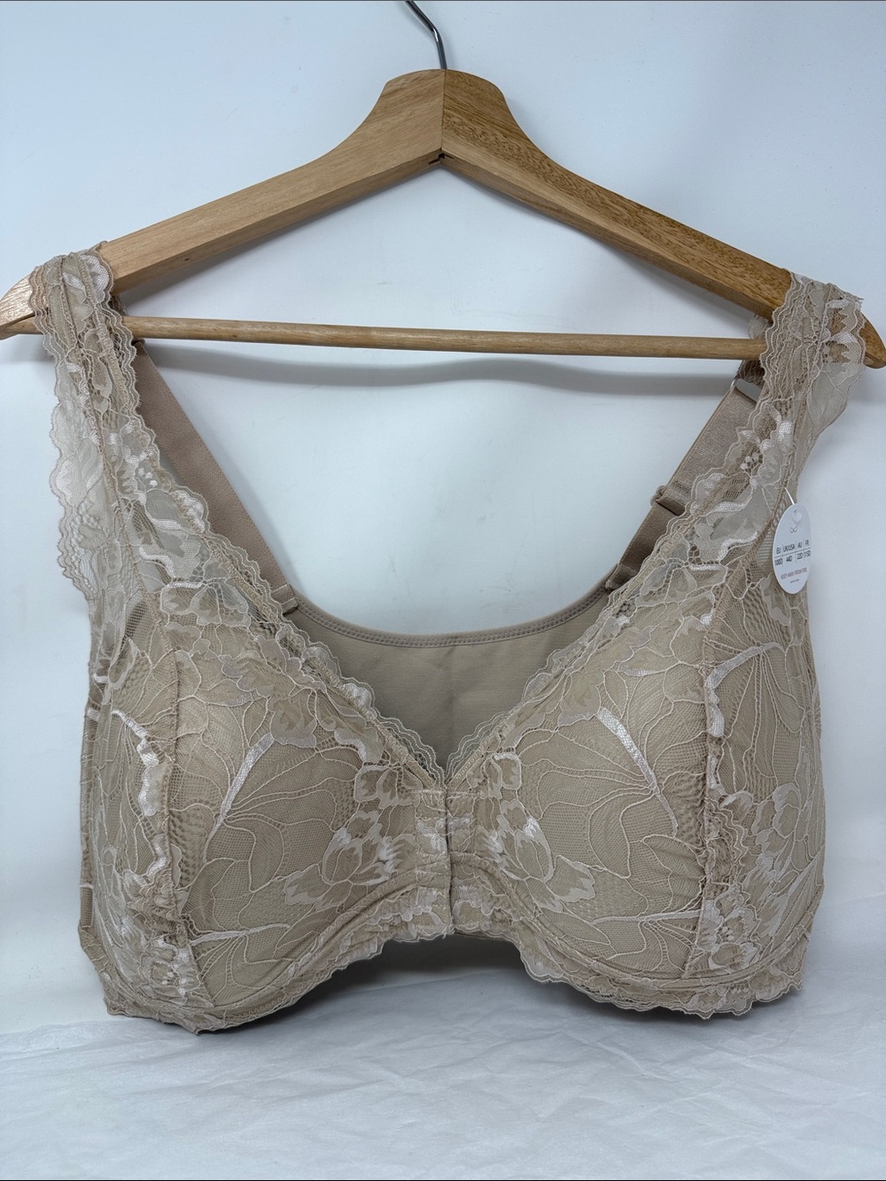 LacyLite Nude Lace Wireless Support Bra 44D Full Coverage Comfort front closure
